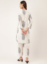 Divena White Paisley Print Cotton Co-ord Set with Mulmul Cotton Lining