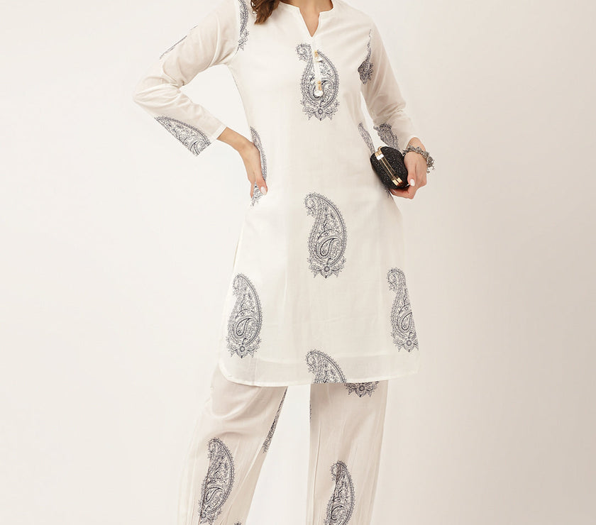 Divena White Paisley Print Cotton Co-ord Set with Mulmul Cotton Lining