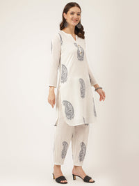 Divena White Paisley Print Cotton Co-ord Set with Mulmul Cotton Lining