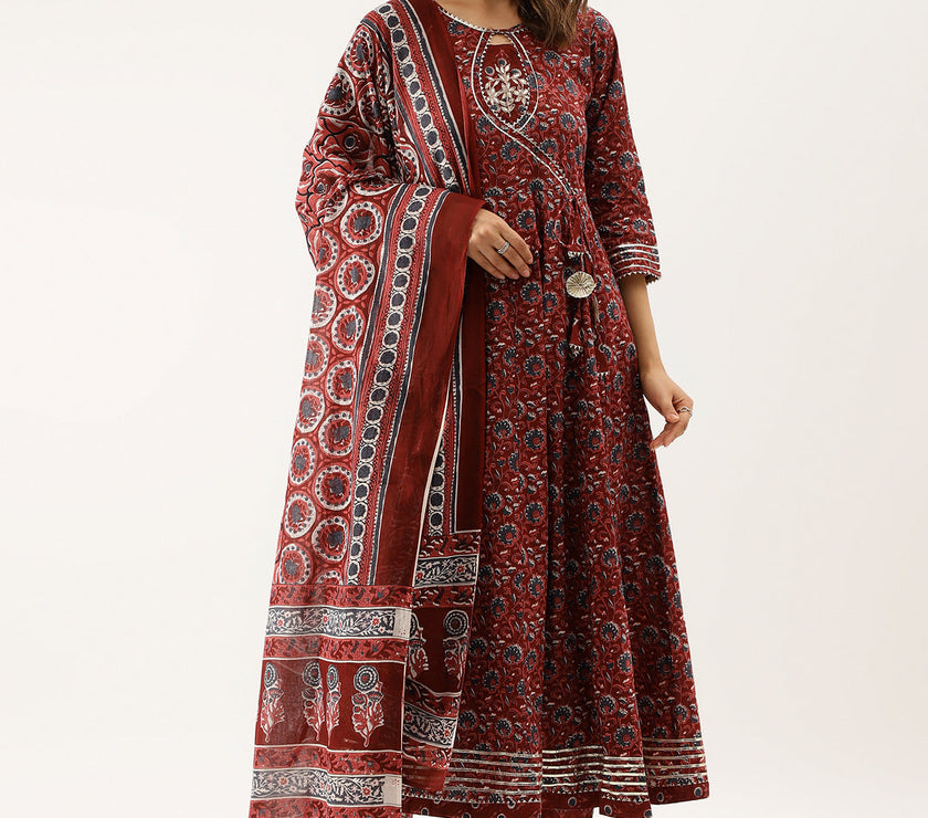 Maroon Floral Printed Cotton Anarkali Kurta Set with Dupatta