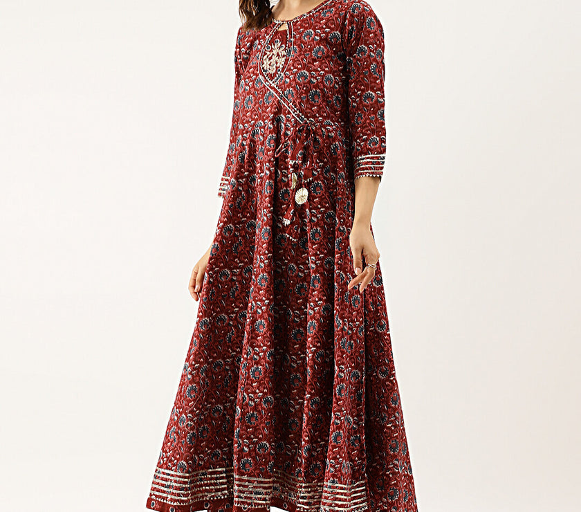 Maroon Floral Printed Cotton Anarkali Kurta Set with Dupatta