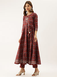 Maroon Floral Printed Cotton Anarkali Kurta Set with Dupatta