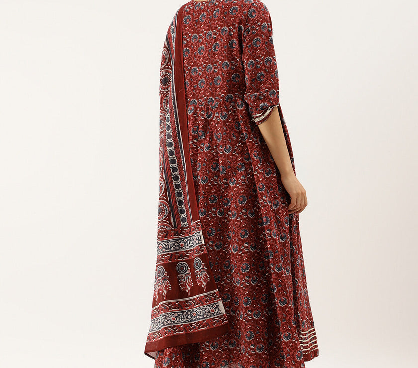 Maroon Floral Printed Cotton Anarkali Kurta Set with Dupatta