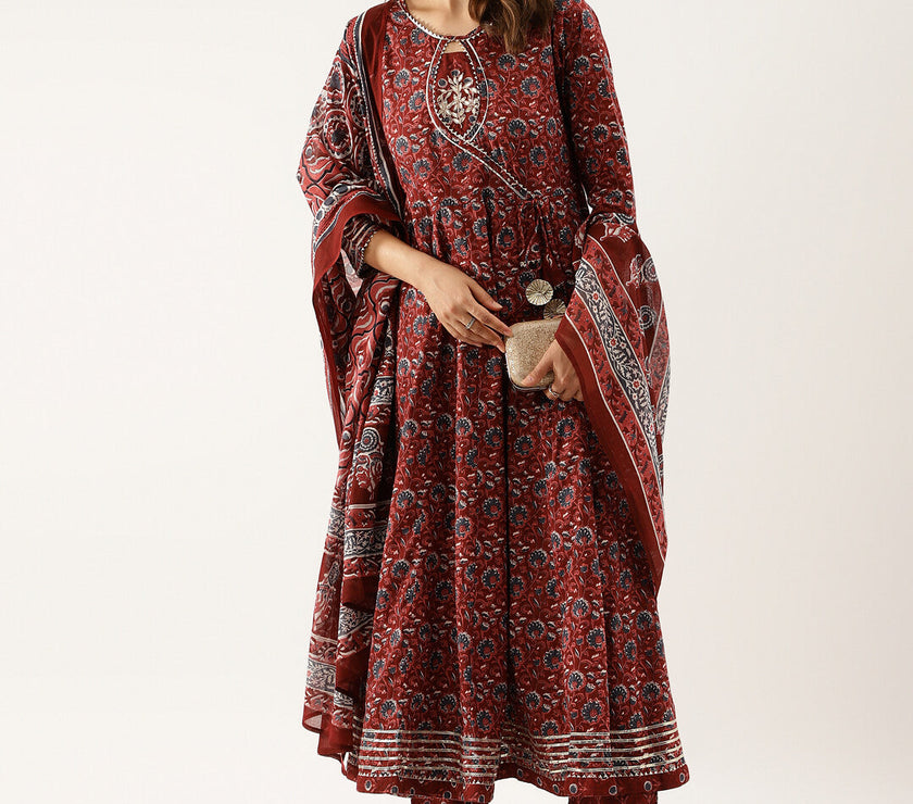 Maroon Floral Printed Cotton Anarkali Kurta Set with Dupatta