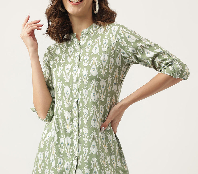 Divena Green & White Floral Foil Printed Rayon Shirt Style Top