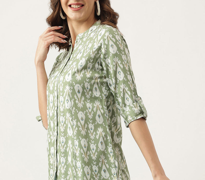 Divena Green & White Floral Foil Printed Rayon Shirt Style Top