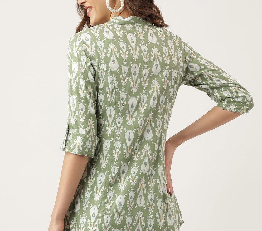 Divena Green & White Floral Foil Printed Rayon Shirt Style Top