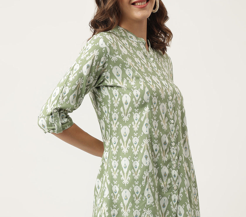 Divena Green & White Floral Foil Printed Rayon Shirt Style Top