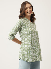 Divena Green & White Floral Foil Printed Rayon Shirt Style Top