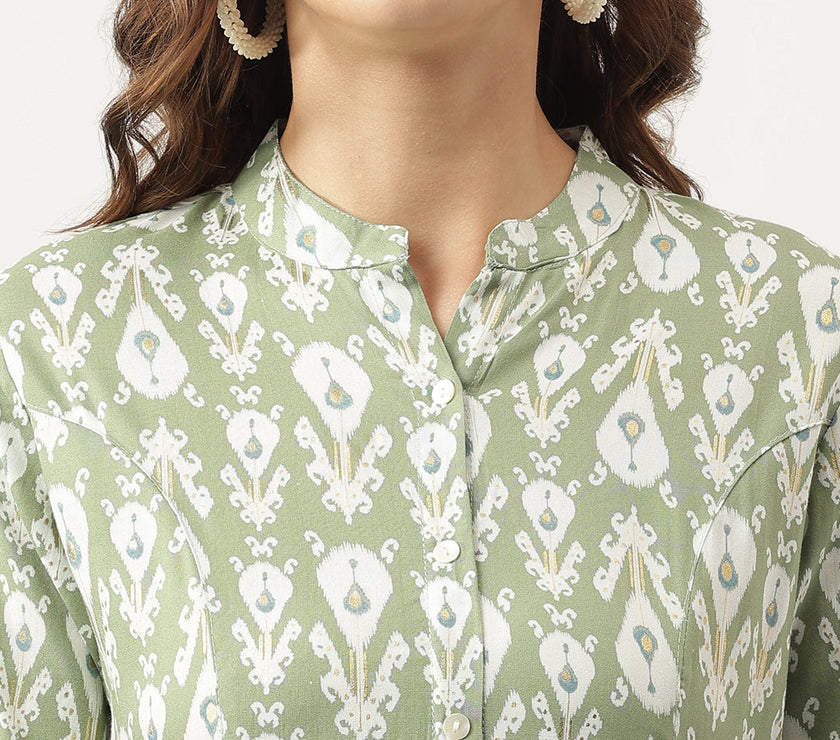 Divena Green & White Floral Foil Printed Rayon Shirt Style Top