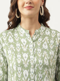 Divena Green & White Floral Foil Printed Rayon Shirt Style Top