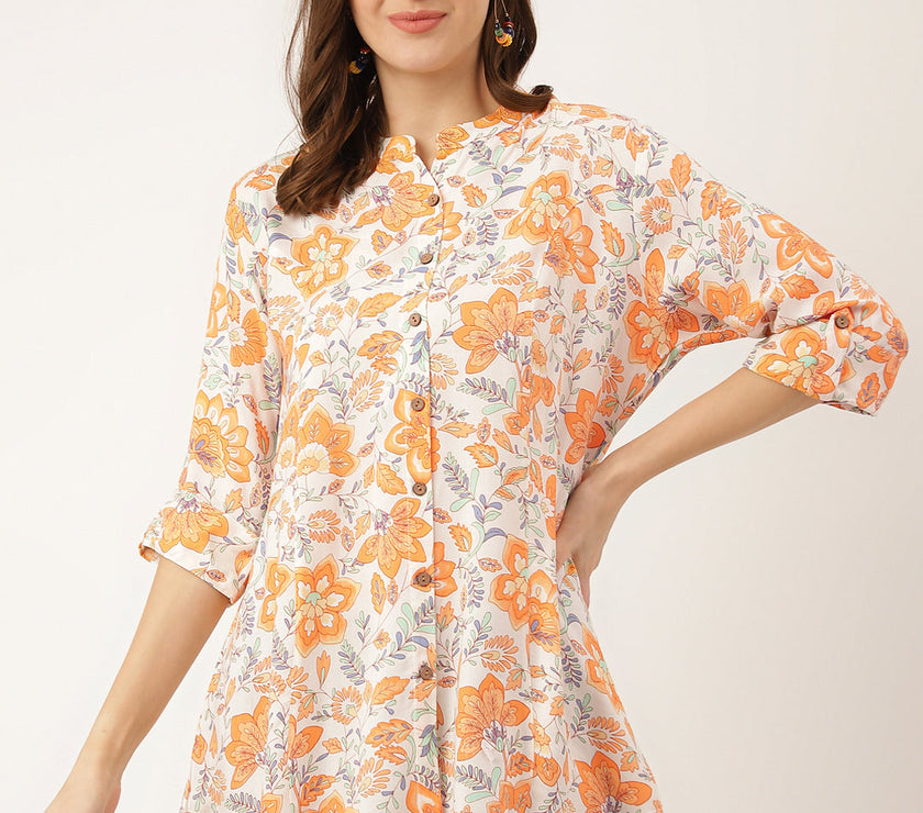 Divena Orange Floral Print Rayon Regular Top