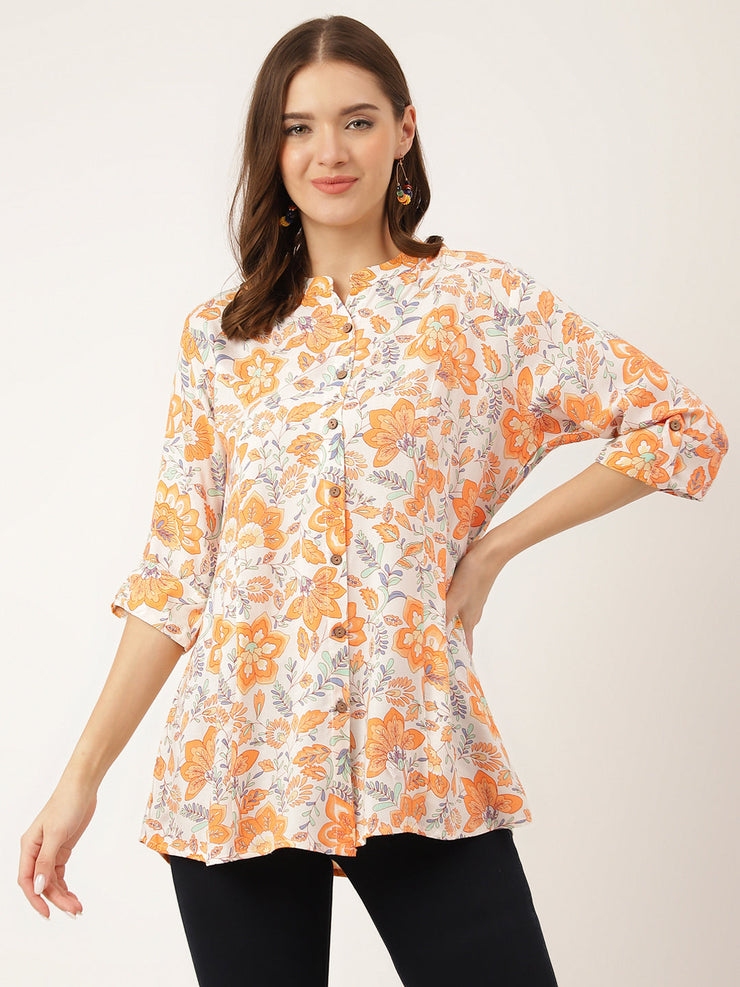 Divena Orange Floral Print Rayon Regular Top