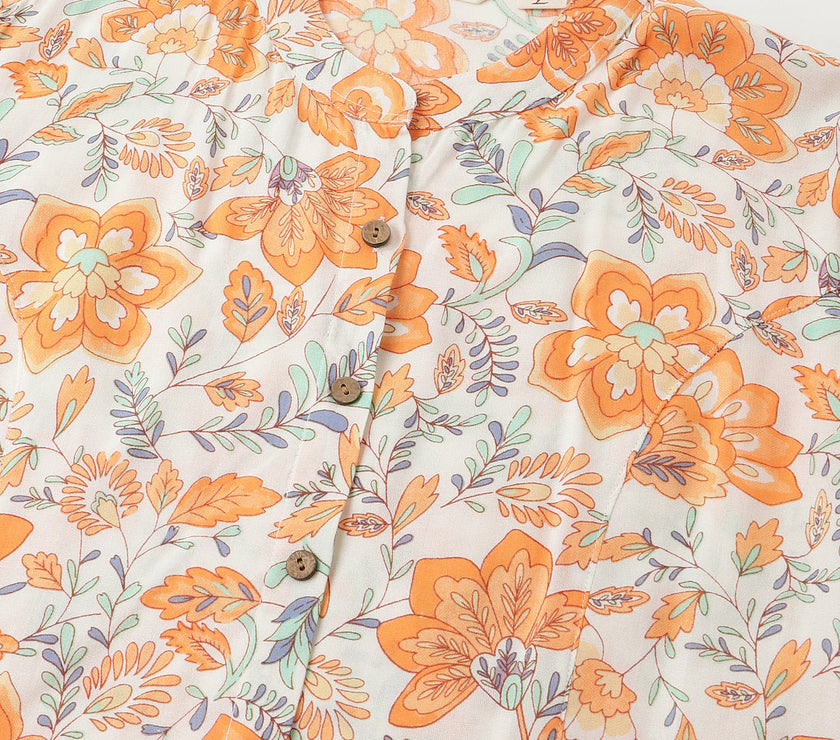 Divena Orange Floral Print Rayon Regular Top