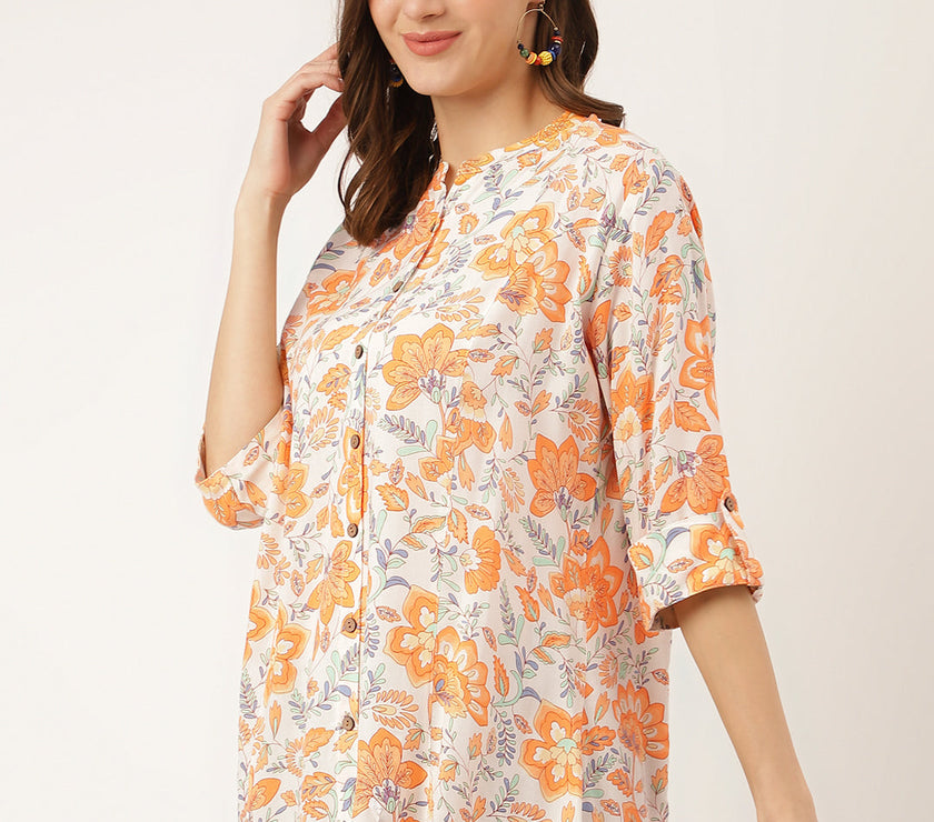 Divena Orange Floral Print Rayon Regular Top