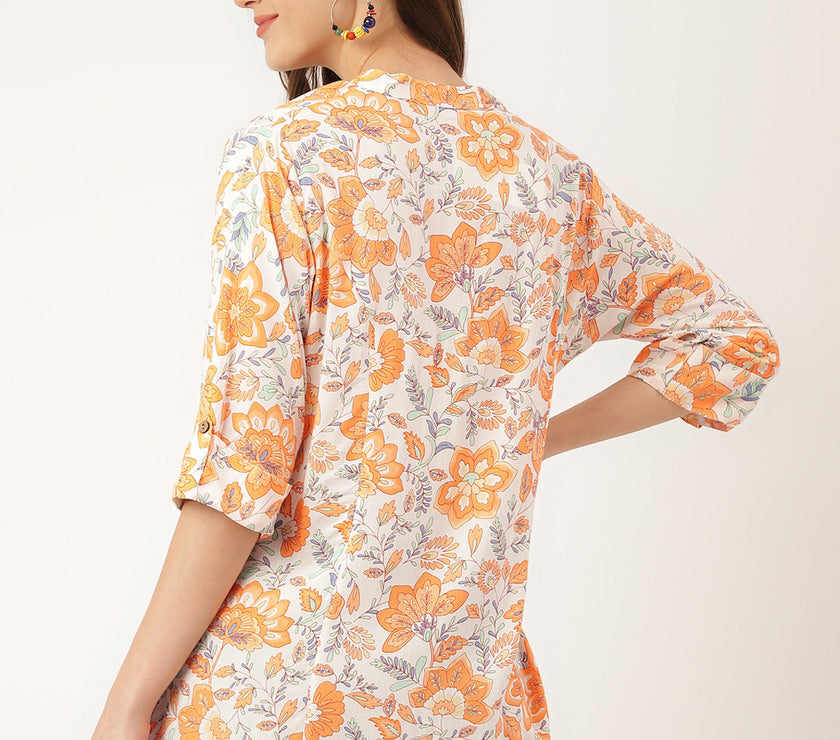 Divena Orange Floral Print Rayon Regular Top