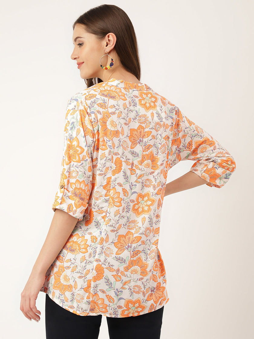 Divena Orange Floral Print Rayon Regular Top