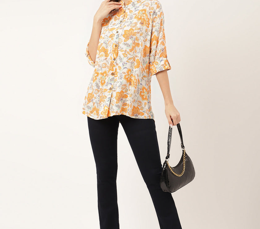 Divena Orange Floral Print Rayon Regular Top