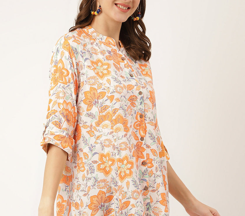 Divena Orange Floral Print Rayon Regular Top