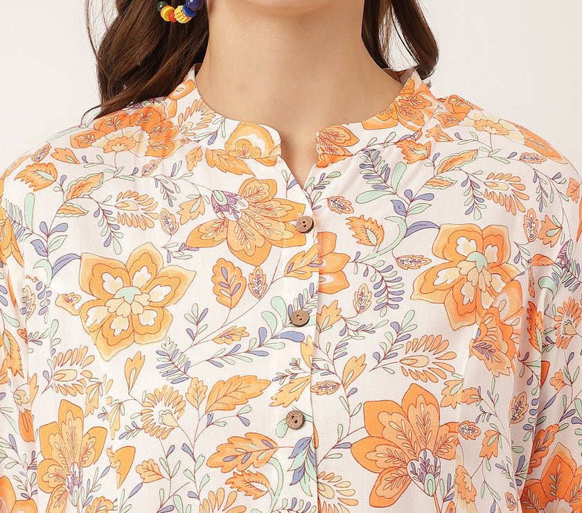 Divena Orange Floral Print Rayon Regular Top