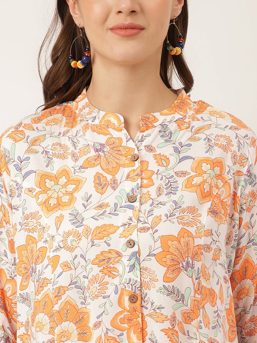 Divena Orange Floral Print Rayon Regular Top