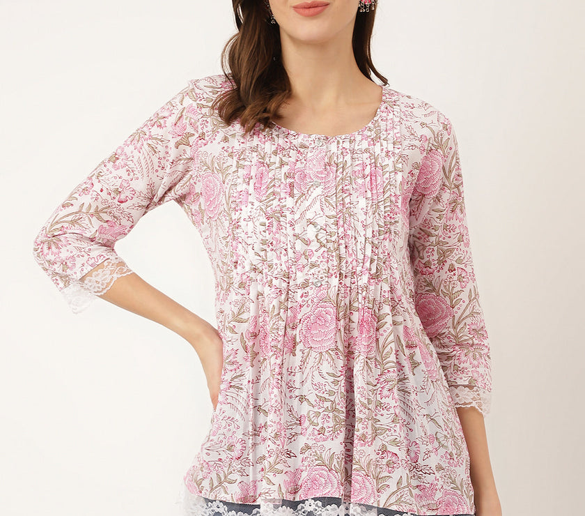 Divena Pink Floral Print Cotton Peplum Top with Pintuck Detailing