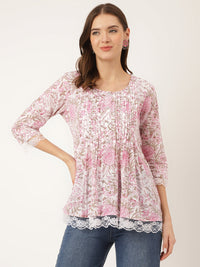 Divena Pink Floral Print Cotton Peplum Top with Pintuck Detailing