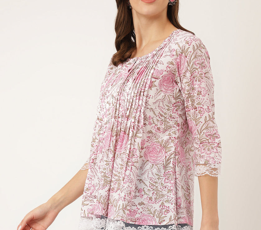 Divena Pink Floral Print Cotton Peplum Top with Pintuck Detailing