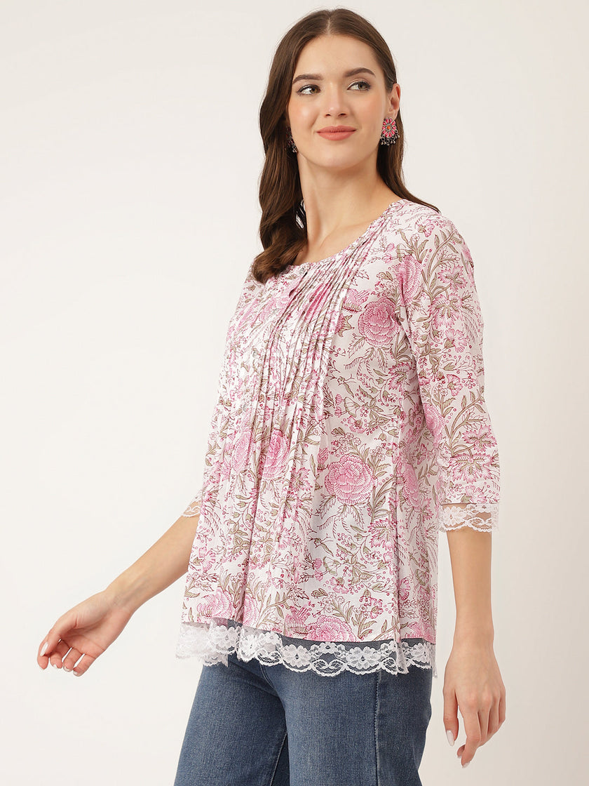 Divena Pink Floral Print Cotton Peplum Top with Pintuck Detailing