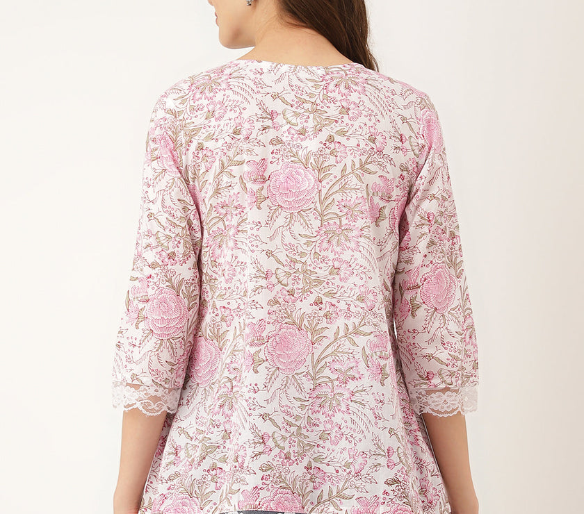 Divena Pink Floral Print Cotton Peplum Top with Pintuck Detailing