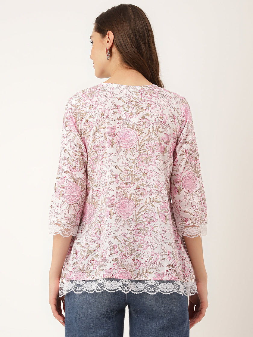 Divena Pink Floral Print Cotton Peplum Top with Pintuck Detailing