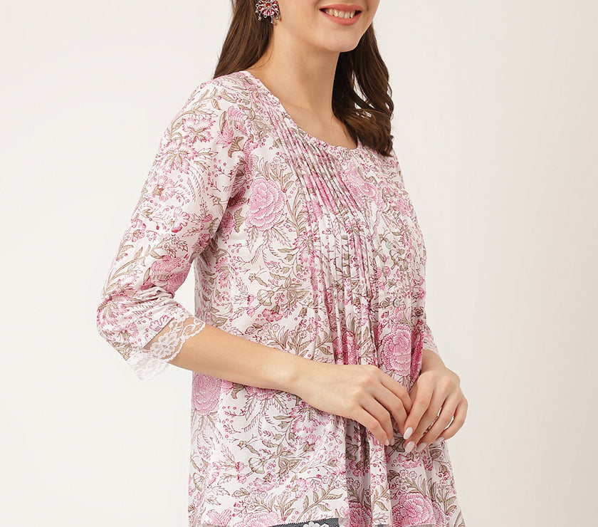 Divena Pink Floral Print Cotton Peplum Top with Pintuck Detailing