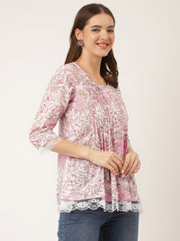 Divena Pink Floral Print Cotton Peplum Top with Pintuck Detailing