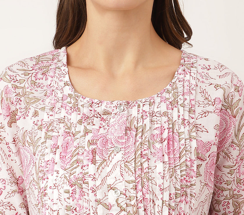 Divena Pink Floral Print Cotton Peplum Top with Pintuck Detailing