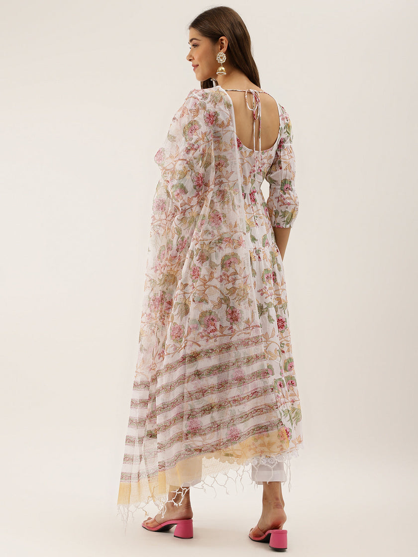 Divena White Handblock Floral Printed Cotton Anarkali Kurta Set with Kota Doria Dupatta