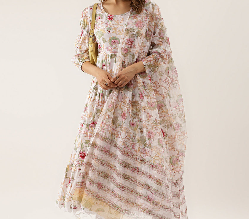 Divena White Handblock Floral Printed Cotton Anarkali Kurta Set with Kota Doria Dupatta