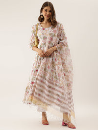 Divena White Handblock Floral Printed Cotton Anarkali Kurta Set with Kota Doria Dupatta