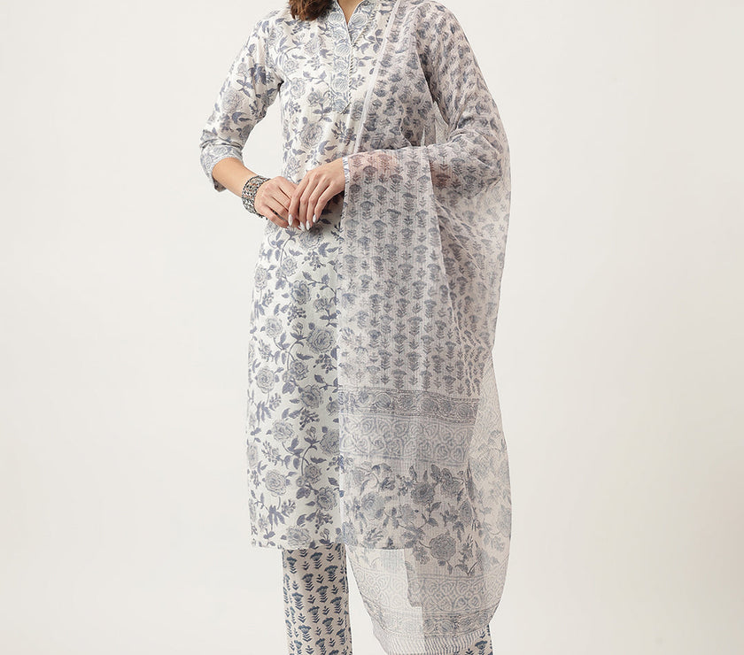 Divena Sky Blue Floral HandBlock Printed Cotton Straight Kurta, trousers with Dupatta Set