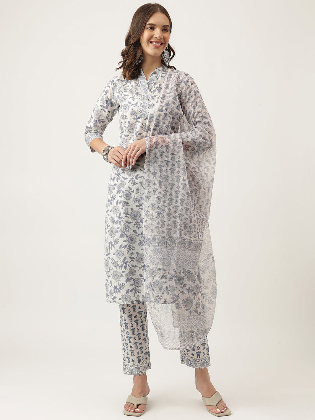 Divena Sky Blue Floral HandBlock Printed Cotton Straight Kurta, trousers with Dupatta Set