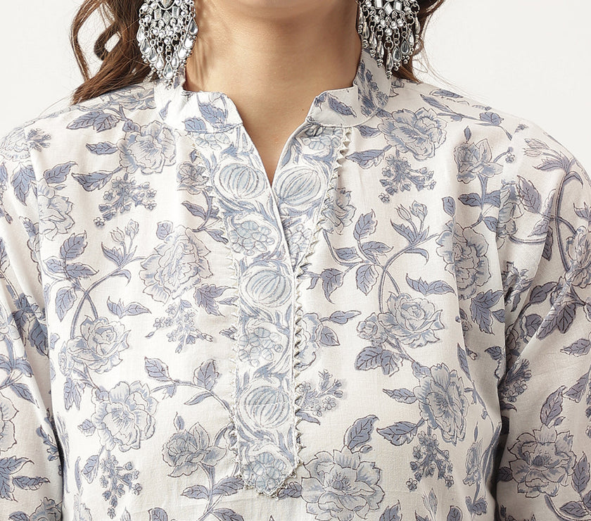 Divena Sky Blue Floral HandBlock Printed Cotton Straight Kurta, trousers with Dupatta Set