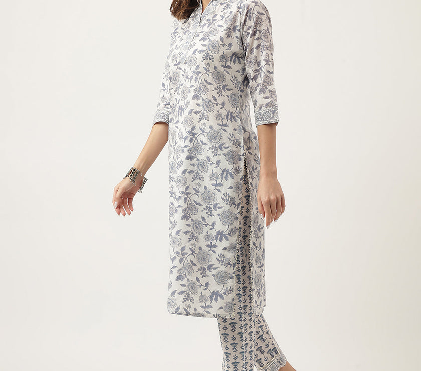 Divena Sky Blue Floral HandBlock Printed Cotton Straight Kurta, trousers with Dupatta Set