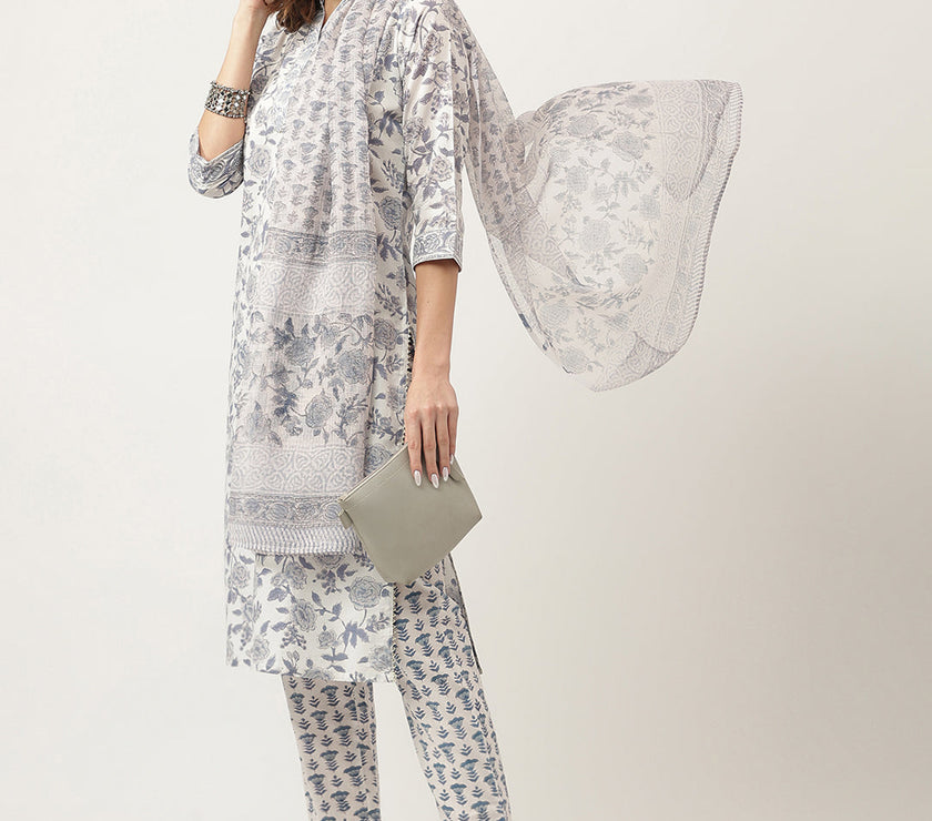 Divena Sky Blue Floral HandBlock Printed Cotton Straight Kurta, trousers with Dupatta Set