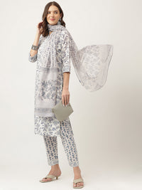 Divena Sky Blue Floral HandBlock Printed Cotton Straight Kurta, trousers with Dupatta Set