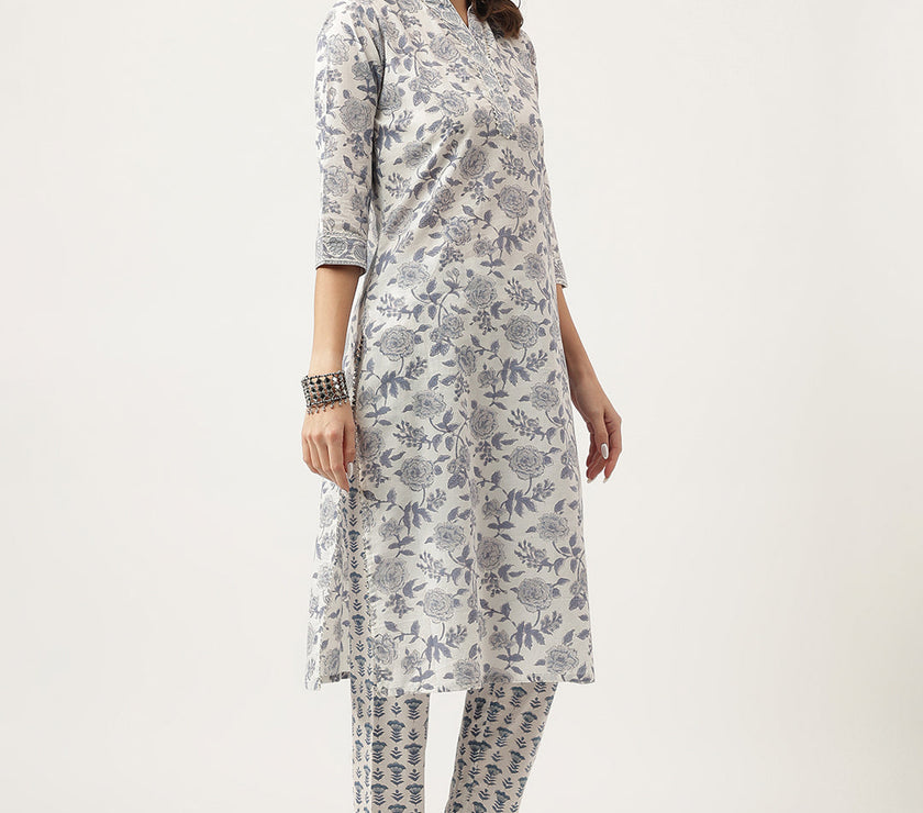 Divena Sky Blue Floral HandBlock Printed Cotton Straight Kurta, trousers with Dupatta Set