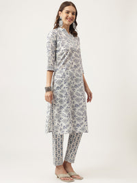 Divena Sky Blue Floral HandBlock Printed Cotton Straight Kurta, trousers with Dupatta Set