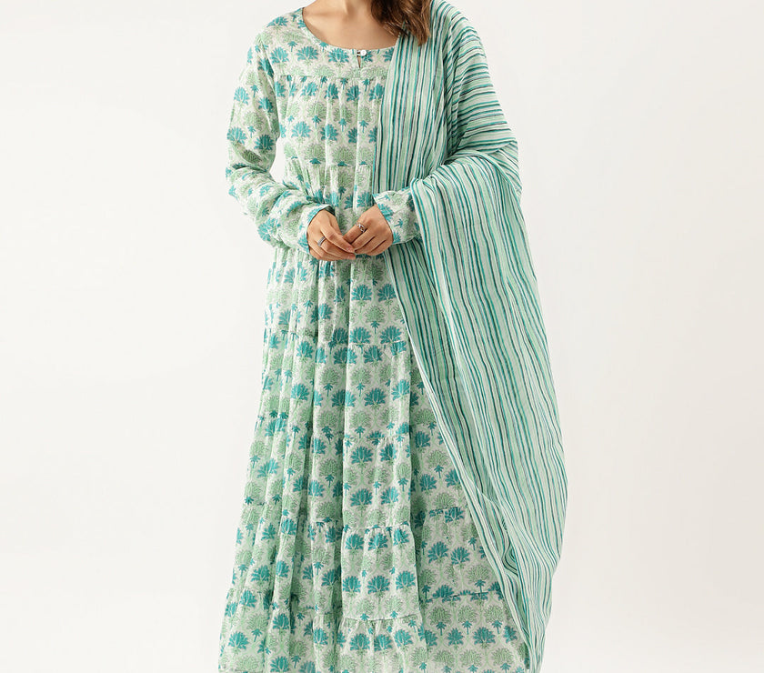 Green Handblock Floral Printed Cotton Kurta set with Dupatta