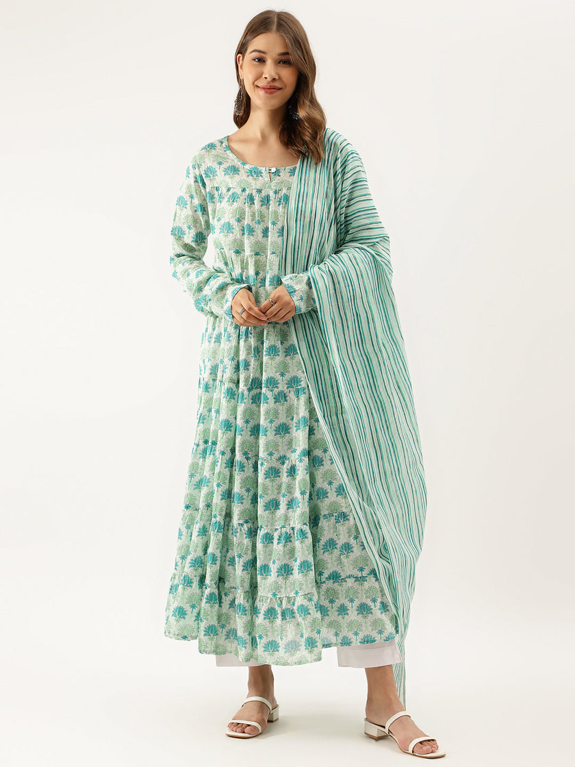 Green Handblock Floral Printed Cotton Kurta set with Dupatta