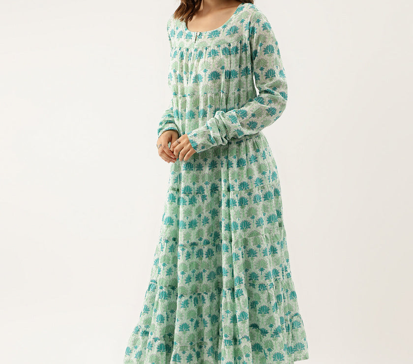 Green Handblock Floral Printed Cotton Kurta set with Dupatta