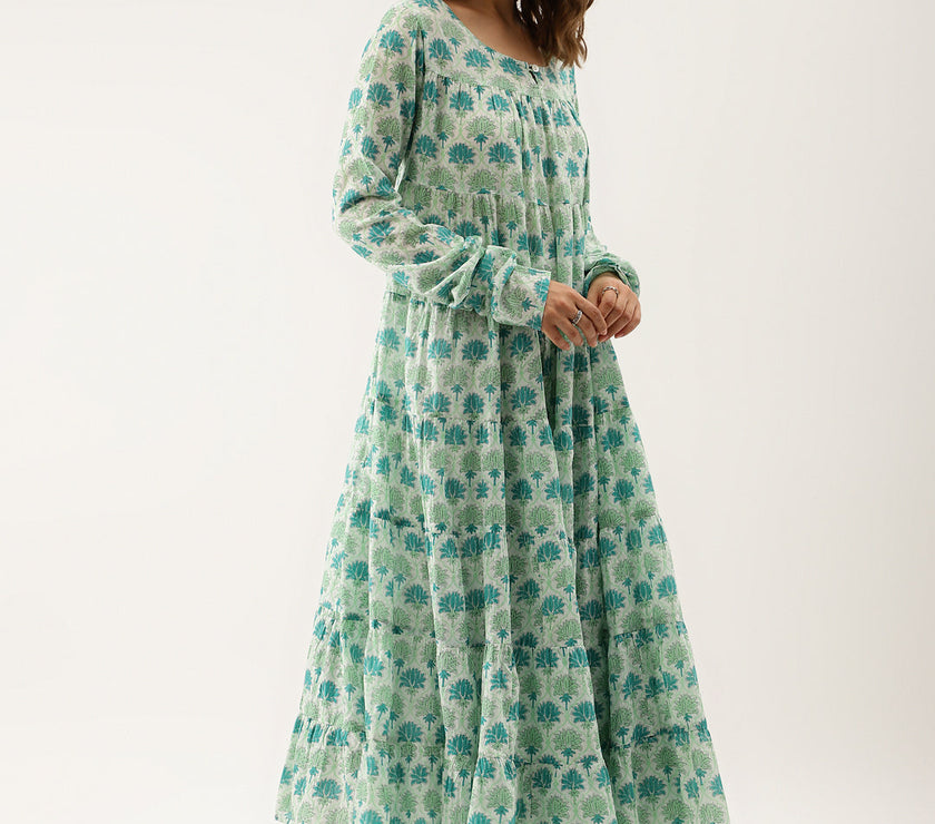 Green Handblock Floral Printed Cotton Kurta set with Dupatta