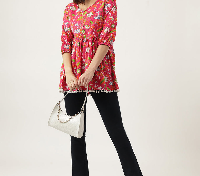 Divena Pink Floral Printed Cotton Peplum Fit Top